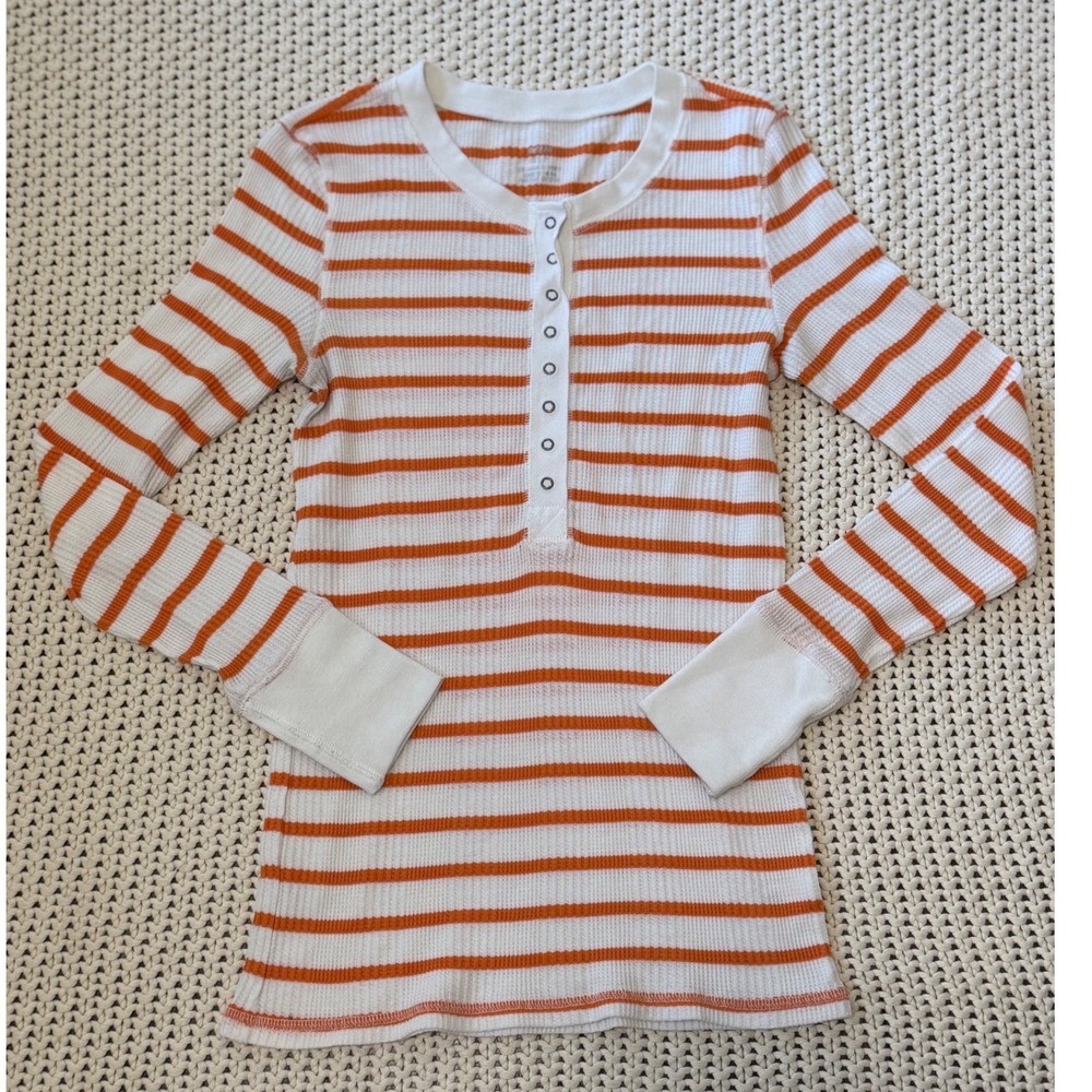 Aerie Womens Striped Henley Thermal Top Orange White Long Sleeve Small Basics